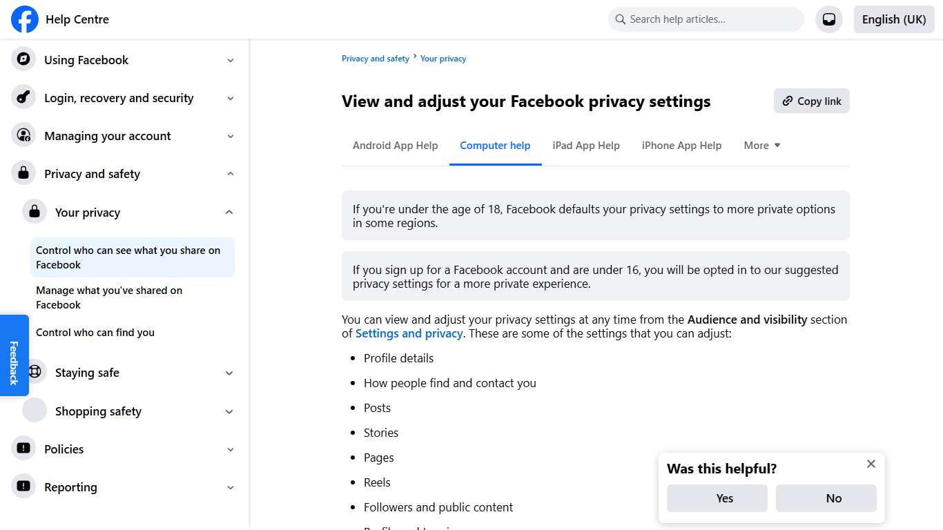 View and adjust your Facebook privacy settings | Facebook Help Centre