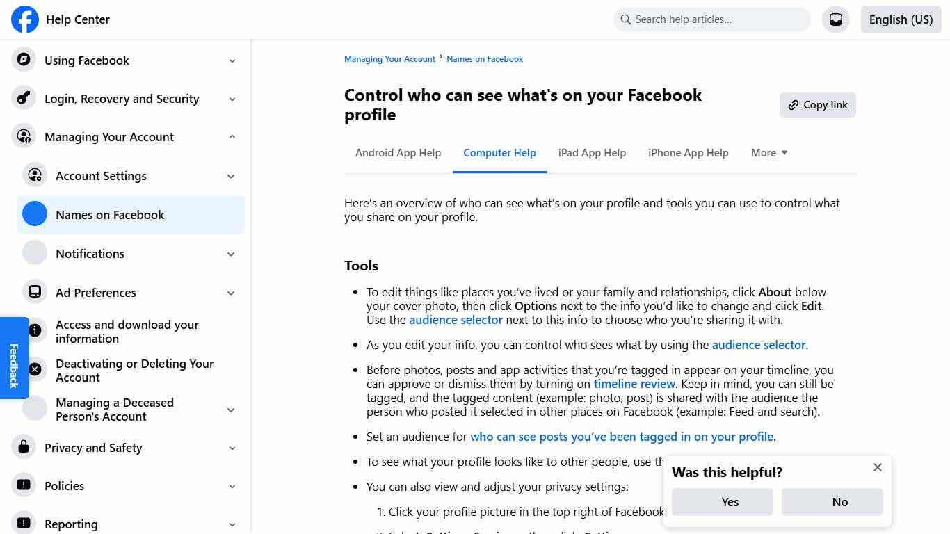 Control who can see what's on your Facebook profile | Facebook Help Center